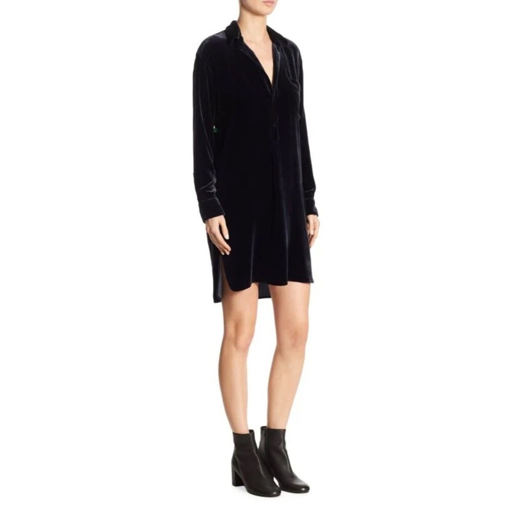 Vince DEEP NAVY BLUE Velvet Shirt Sheath Silk Blend Dress Sz S